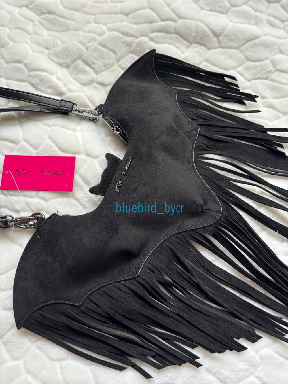 Betsey Johnson Black Bat-Shaped Crossbody Bag with Fringe - Picture 6 of 13